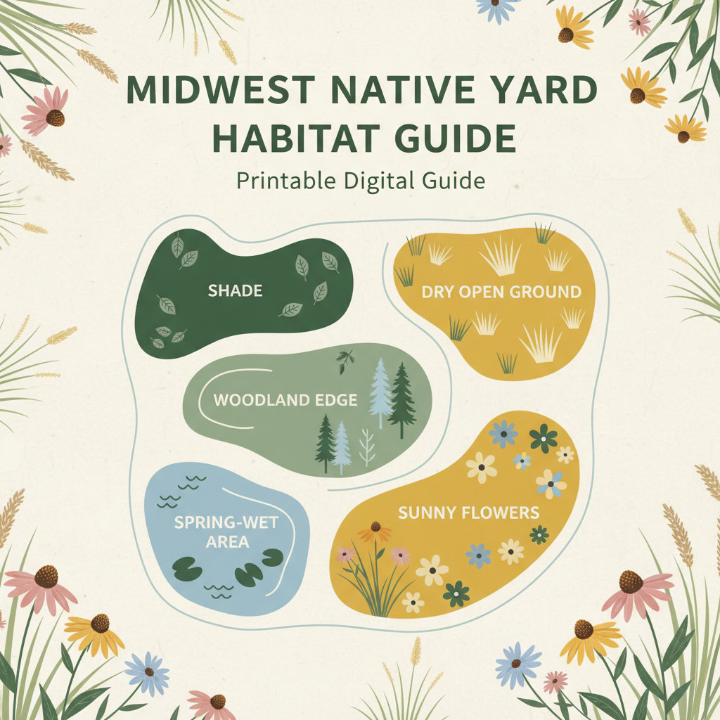 Native yard habitat map showing shade, woodland edge, dry ground, spring-wet area, and sunny flowers